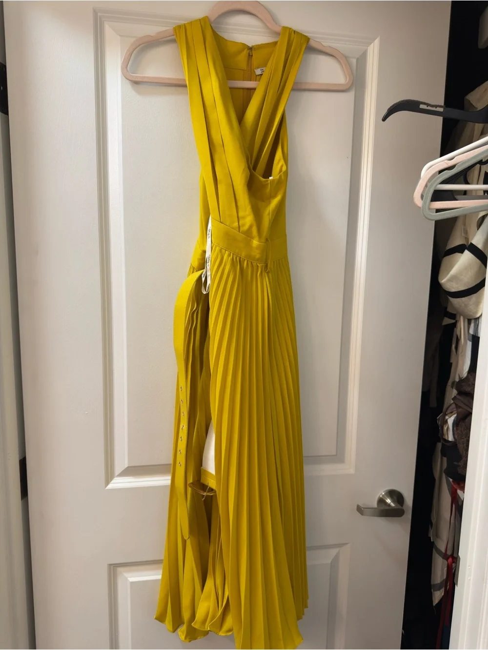 Women's Pleated Sleeveless Maxi Dress in Mustard Yellow with belt